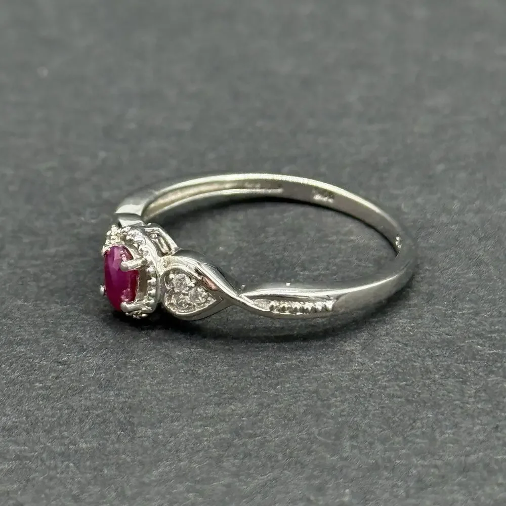 Signed STS 925 Sterling Silver Oval Ruby White Topaz Heart Accent Ring Size 9